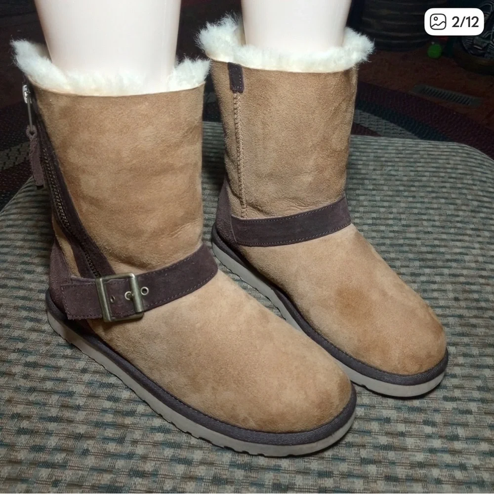 UGG Chestnut & Chocolate Shearling Brown Suede Women's Boots 8 Zip Buckle
